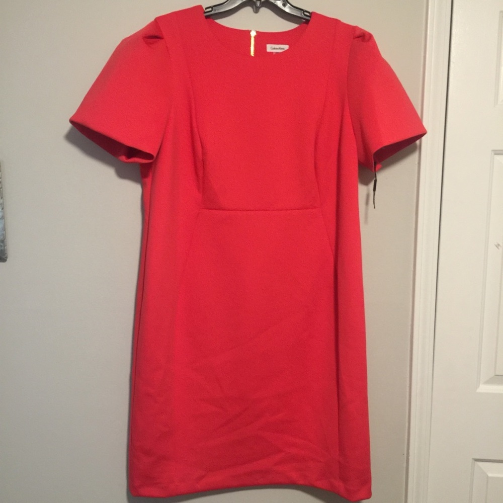 Coral Pink Puff Sleeve Dress by Calvin Klein
